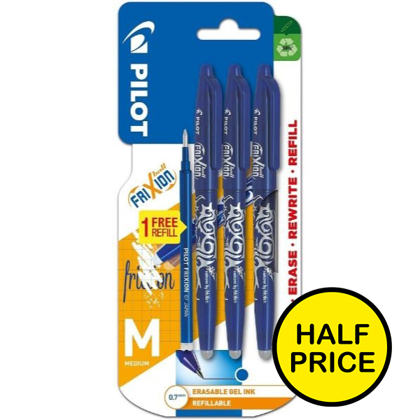 Pilot Frixion Rollerball Medium 3PK Blue w/ free Refill